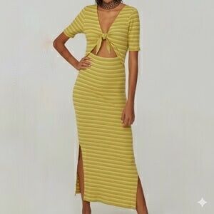 Paloma Wool Yellow Green Striped Cut Out Maxi Dress Side Slits Modal Small